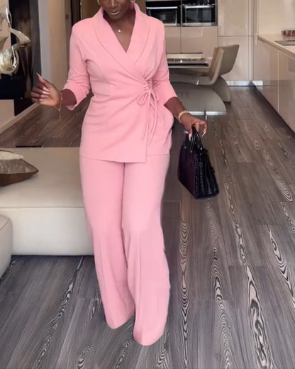 2 Pieces Outfit Overlap Shawl Collar Lace-up Side Cinched Waist Coat and Elastic Back Waist Wide Leg Pants Set Casual Blazer Set