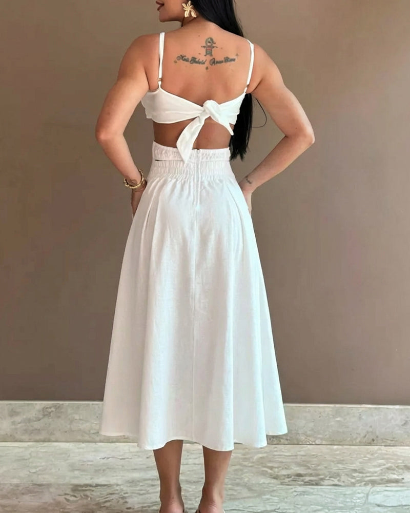 3D Flower Decor Adjustable Spaghetti Straps Zipper Back Flared Dress Casual Stretchy Back Cutout Waist Backless Tie Back Vacation Dress