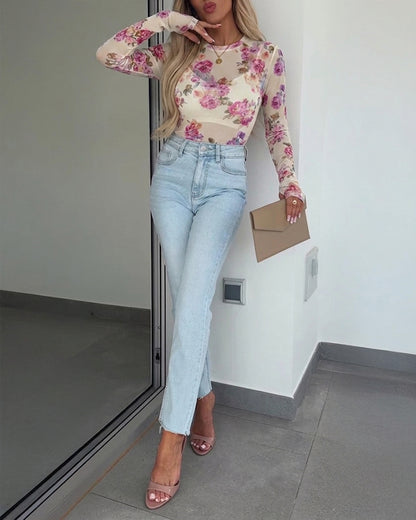 Women's Floral Print Sheer Mesh Top Long Sleeve Slim Fit Crewneck Layering Top with Thumb Hole Cuffs
