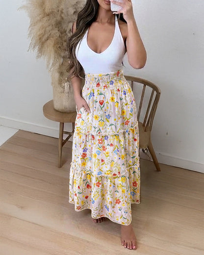 Women's High Waisted Shirred Floral Maxi Skirt Casual Ruffle Hem A-Line Skirt with Pockets