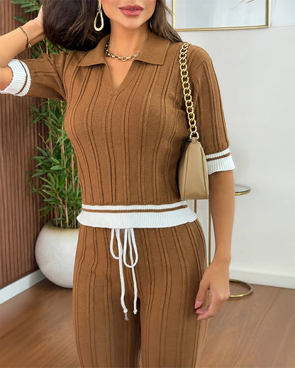 Women's Contrast Binding Two Piece Knit Set Short Sleeve Top and Drawstring Straight Leg Pants Casual Loungewear