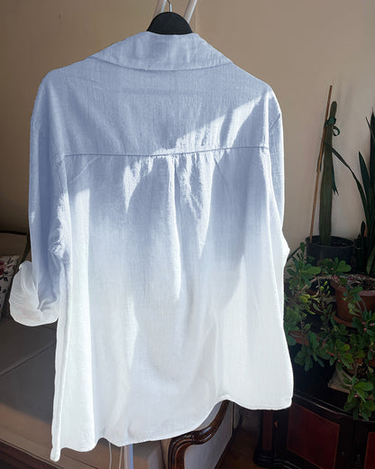 Ombre Turn-down Collar Roll Up Sleeve Half Button Front Shirt Casual Pocket Design Loose Fit Top