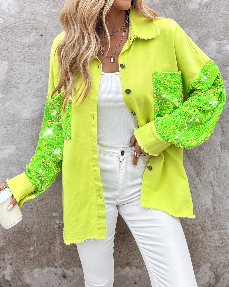 Casual Jacket Sequin Patchwork Long Sleeve Jacket Top Button Front Raw Hem Oversized Denim Shacket