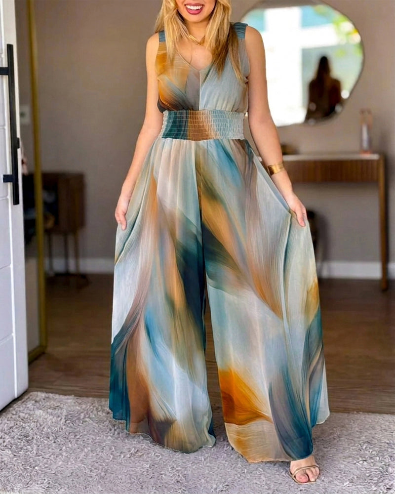 Women's Vintage Tie Dye Print Mesh V-Neck Shirred Waist Wide-Leg Jumpsuit with Lining