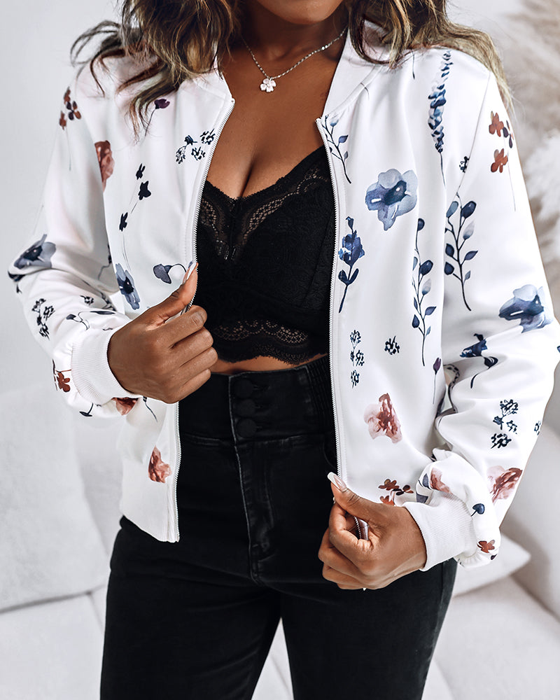 Plants Print Long Sleeve Casual Zipper Baseball Coat