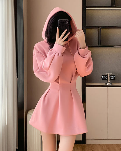 Women's Hooded Sweatshirt Dress Drawstring Waist-Cinching A-Line Casual Long Sleeve Mini Dress with Pockets