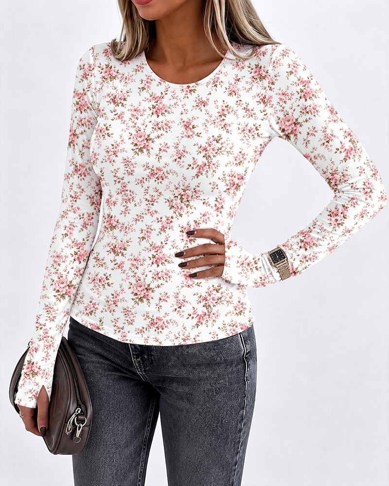 Women's Ditsy Floral Print Crew Neck Long Sleeve Slim Fit Top with Thumbholes