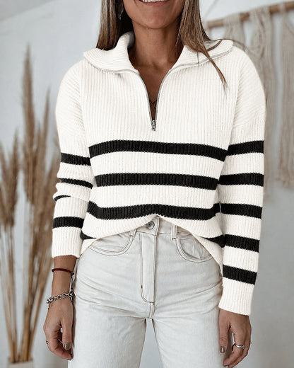 Women's Half Zip Striped Sweater Colorblock Turn-down Collar Knit Pullover Drop Shoulder Loose Fit Top