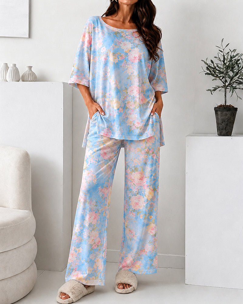 Women's 2 Piece Floral Print Pajama Set Half Sleeve Side Slit Top and Straight Leg Pants Casual Loungewear
