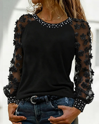 Rhinestone Decor 3D Floral Applique Sheer Mesh Long Sleeve Tee Casual Top