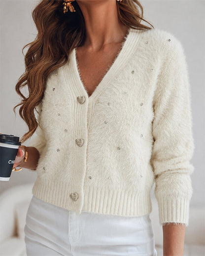 Women's Faux Mink Fur Knit Cardigan Elegant Pearl Rhinestone V Neck Sweater Crop Single Breasted Coat