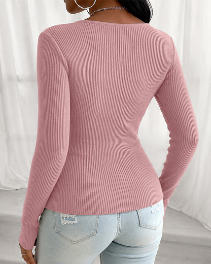 Women's Overlap V Neck Long Sleeve Ribbed Knit Top Rhinestone Side Button Ruched Slim Fit Asymmetric Hem Sweater