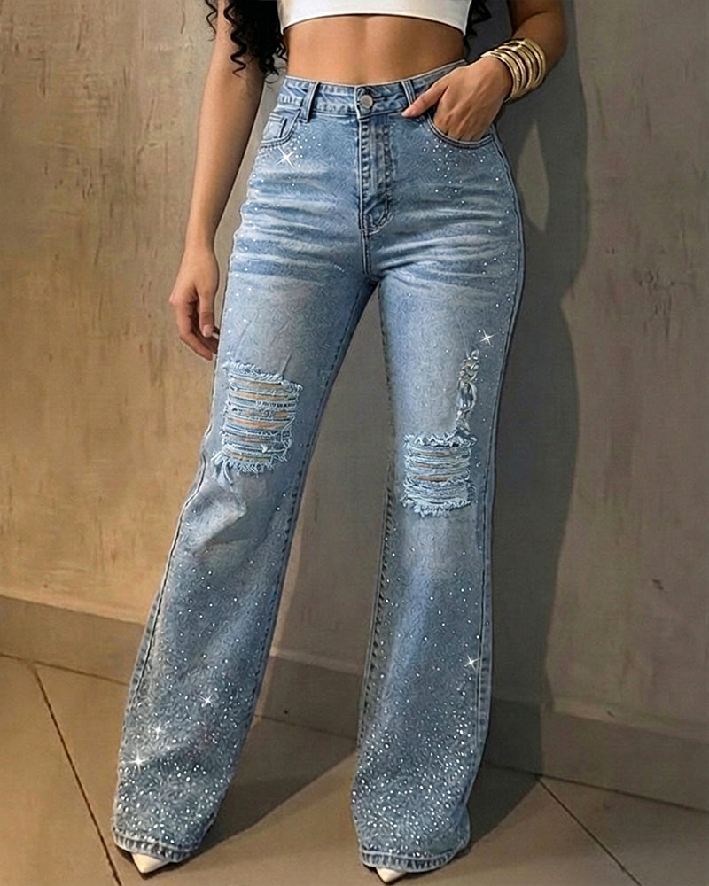 Women's Rhinestone Flare Jeans High Waisted Distressed Ripped Jeans Y2K Retro Streetwear Denim Pants