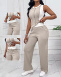 2 Pieces Outfit O-neck Slim Fit Tank Top and Drawstring Elastic Waist Straight Leg Pants Set Casual Colorblock Ribbed Set