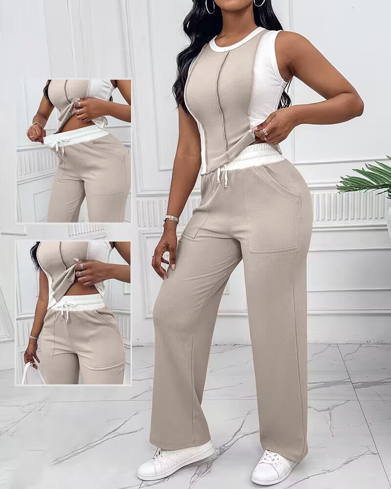 2 Pieces Outfit O-neck Slim Fit Tank Top and Drawstring Elastic Waist Straight Leg Pants Set Casual Colorblock Ribbed Set
