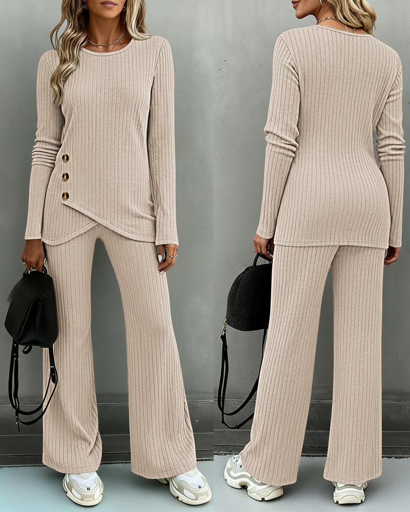 Women's Brushed Ribbed Knit 2 Piece Set Button Long Sleeve Top and Wide Leg Pants with Pockets Casual Loungewear