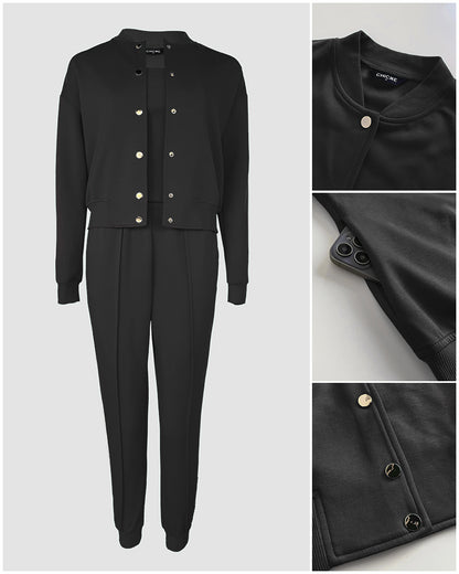 Conjunto de 3 piezas: abrigo con botones a presión delanteros, pantalones elásticos con cintura elástica, costuras delanteras y puños elásticos, y camiseta de tirantes; chándal casual con rayas laterales en contraste