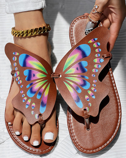 Colorblock Butterfly Print Toe Post Slippers