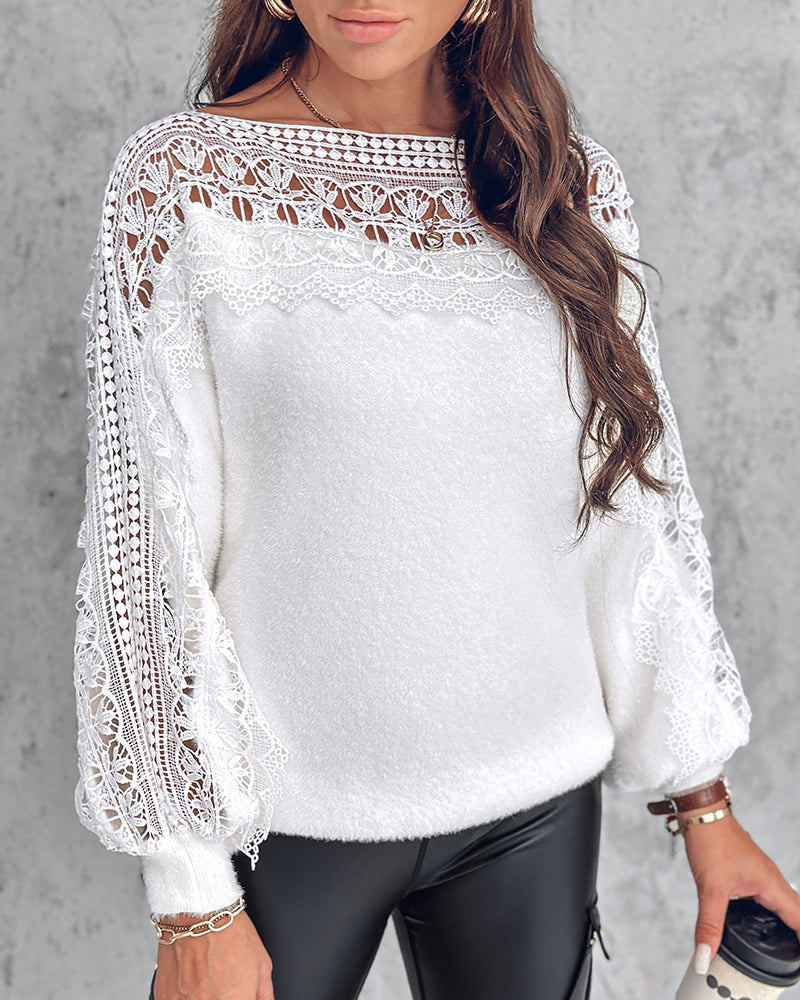 Crewneck Guipure Lace Long Sleeve Hollow Out Knit Sweaters Pullover Tops
