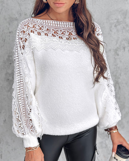 Crewneck Guipure Lace Long Sleeve Hollow Out Knit Sweaters Pullover Tops