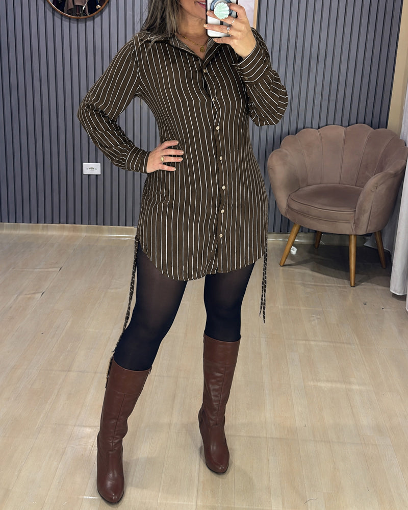 Women's Striped Shirred Back Shirt Dress Ruched Side Drawstring Long Sleeve Button Down Mini Dress
