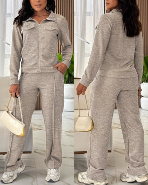 Conjunto deportivo informal para mujer: chaqueta de manga larga con solapa y cremallera, y pantalones de pierna recta de tiro alto, conjunto para estar en casa con bolsillos