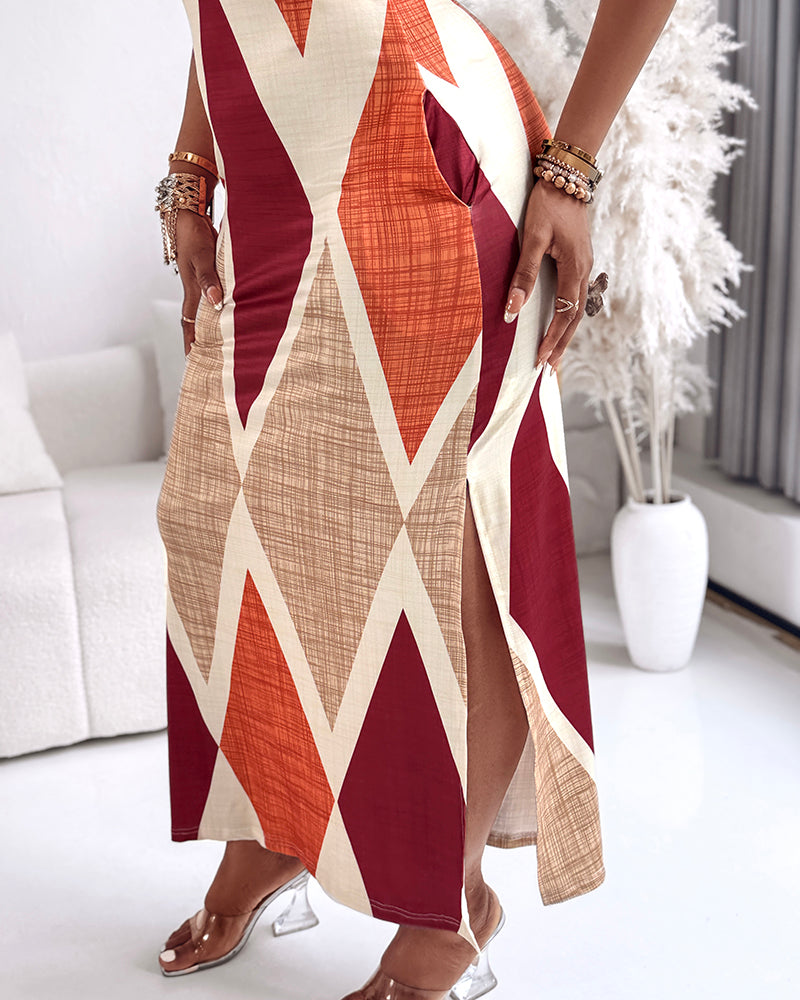 Geometric Print Square Neck Thick Strap Vacation Dress Casual Slim Fit Slit Maxi Dress