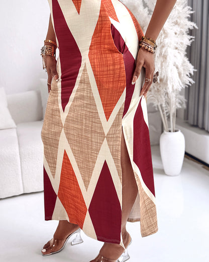 Geometric Print Square Neck Thick Strap Vacation Dress Casual Slim Fit Slit Maxi Dress