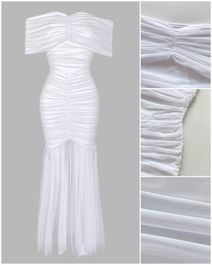 Foldover Off Shoulder Ruched Cinched Waist Minimalist Evening Dress Slim Fit Mermaid Hem Party Dress