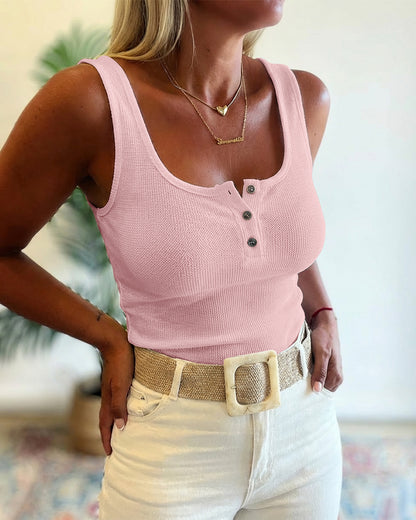 U-Neck Sleeveless Half Button Front Tank Slim Fit Backless Knit Waffle Tank Top