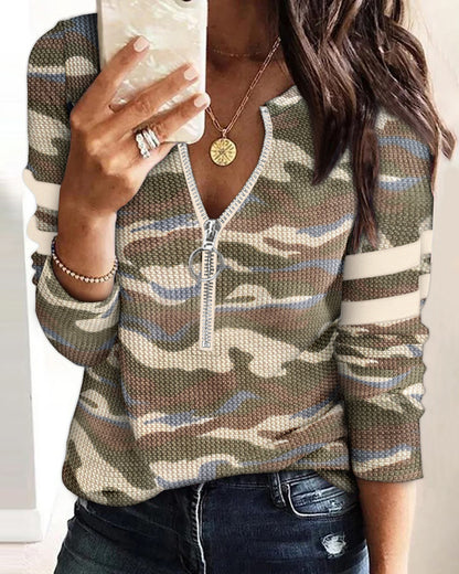 Waffle Knit Camouflage Print Round Neck Long Sleeve Front Zipper Tee Casual Top