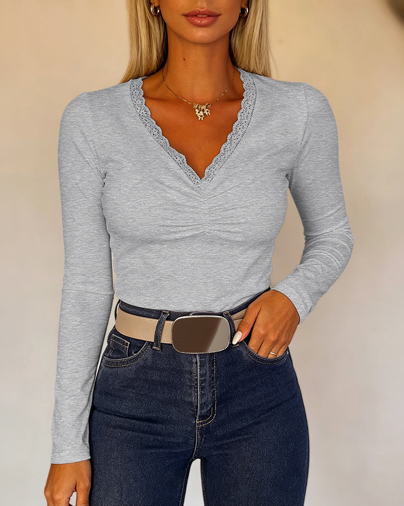 Women's Lace V Neck Ruched T Shirt Slim Fit Long Sleeve Tee Casual Elegant Top