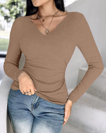 Chicme Built In Bra Notch Neck Long Sleeve Shirts Rib Knit Ruched Waist Top