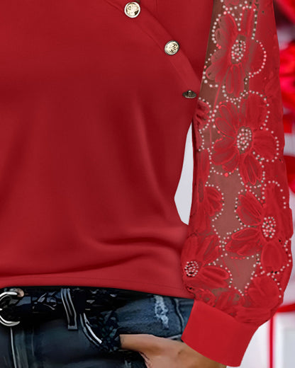 Lace Floral Open Front Long Sleeve Casual Button T-shirt