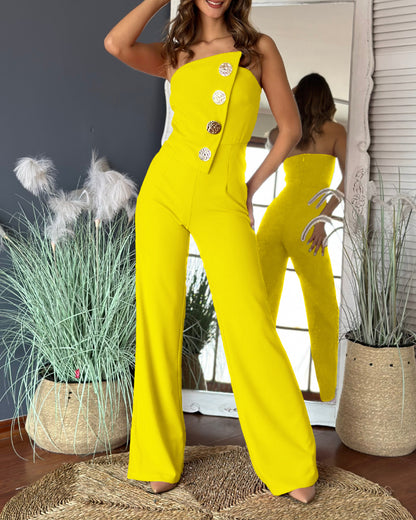 Asymmetrical Bandeau Strapless Jumpsuit Metal Button Decor Casual Overalls