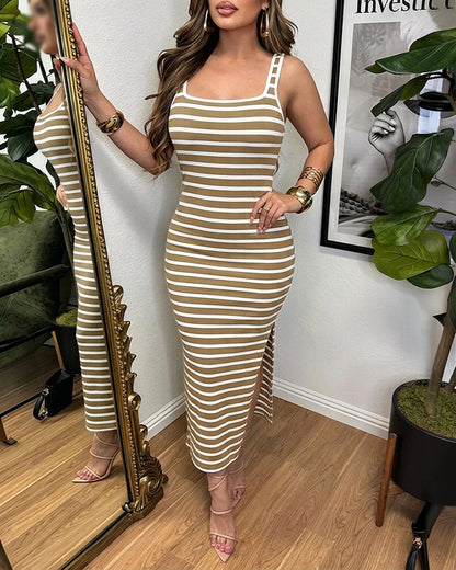 Women's Stripe Midi Dress Square Neck Ribbed Knit Bodycon Dress Backless Side Slit Vacation Dress