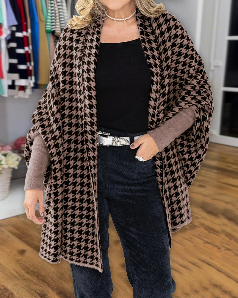 Houndstooth Print Versatile Loose Fit Sweater Coat Casual Warm Cape Shawl