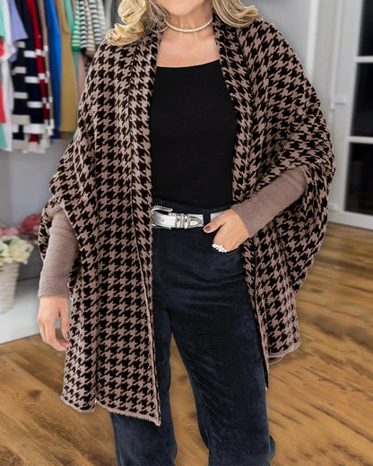 Houndstooth Print Versatile Loose Fit Sweater Coat Casual Warm Cape Shawl