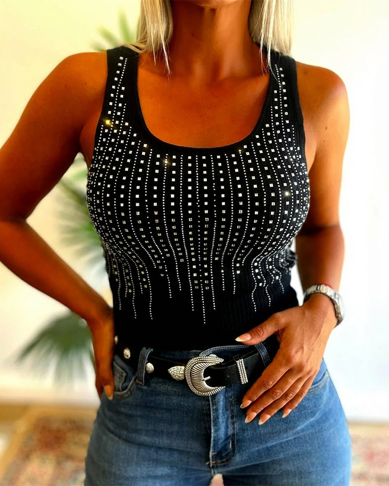 Rhinestone Decor U-Neck Sleeveless Tee Slim Fit Backless Ribbed Tank Top