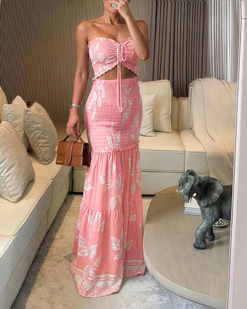 CHICME Women's Tropical Plants Bandeau Dress Sexy Drawstring Cutout Shirred Waist Mermaid Dress Ruffle Hem Vacation Maxi Dress