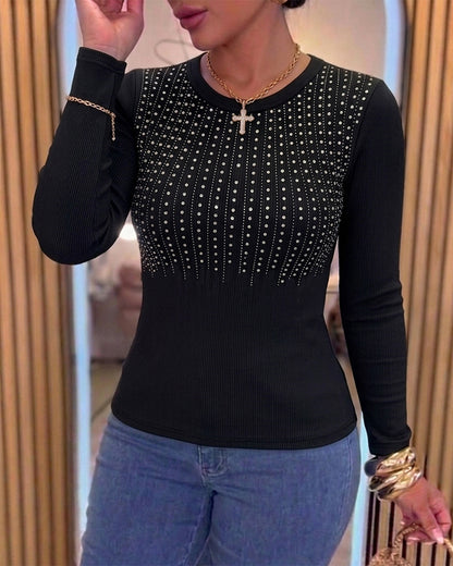 Women's Crewneck Rhinestone Ribbed Knit Top Slim Fit Long Sleeve Top