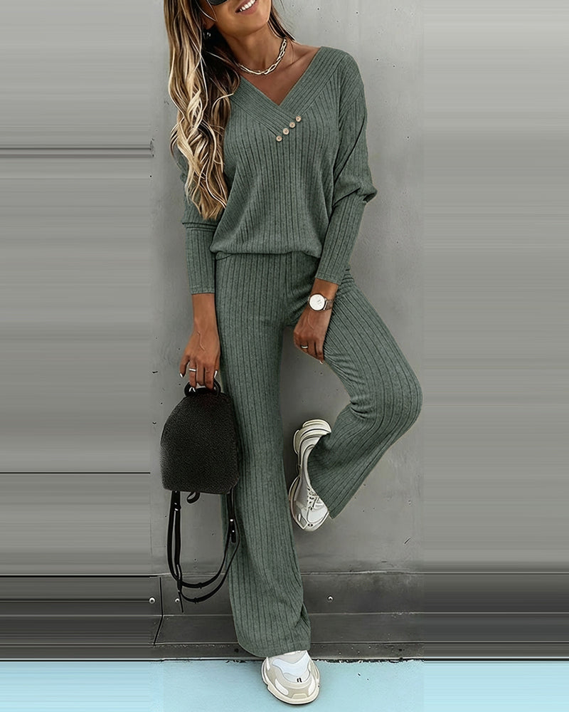 2 Pieces Outfit Button Decor V-Neck Long Sleeve Top and Elastic Waist Straight Leg Pants Set Casual Ribbed Set