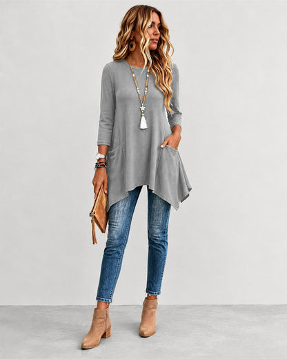 Women's Ribbed Asymmetrical Hem Top Crewneck Three Quarters Sleeve A-Line Casual Top