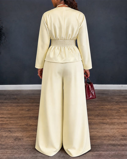 Women's 2 Piece Outfits V Neck Shirred Peplum Top and High Waist Wide Leg Pants Set