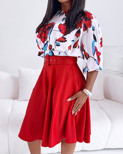 2 Pieces Outfit Floral Print Bell Sleeve Hollow-out Back Shirred Back Hem Top and Casual A-line Skirt Set with Belt