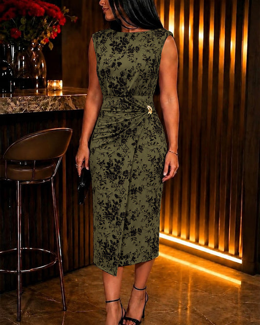 Women's Sleeveless Floral Flock Mesh Twist Side Midi Dress with Shoulder Pads