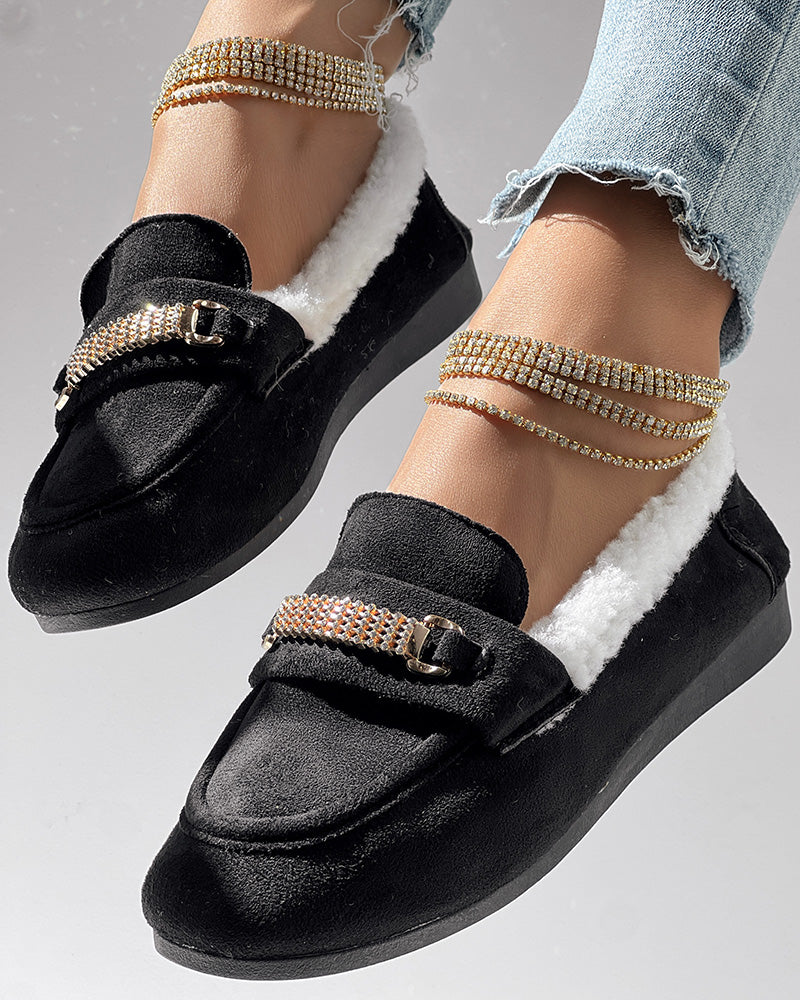 Rhinestone Chain Decor Thermal Lined Faux Shearling Trim Casual Flat Slip-On Loafers without Anklet Bracelet