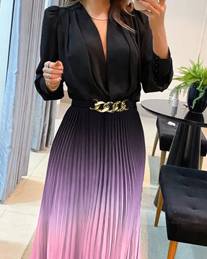 Ombre Plunge Pleated Midi Dress With Chain Decor Belt