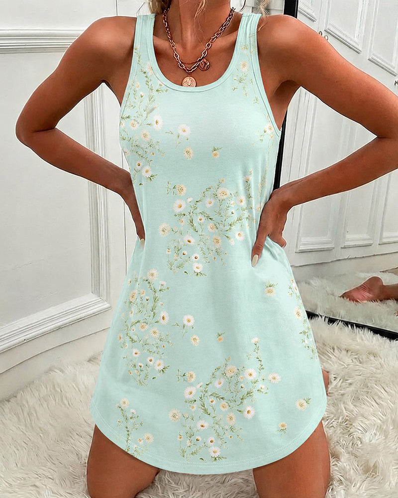 Women's Loose Casual Tank Dress U-Neck Racerback Sleeveless Curved Hem Mini Dress