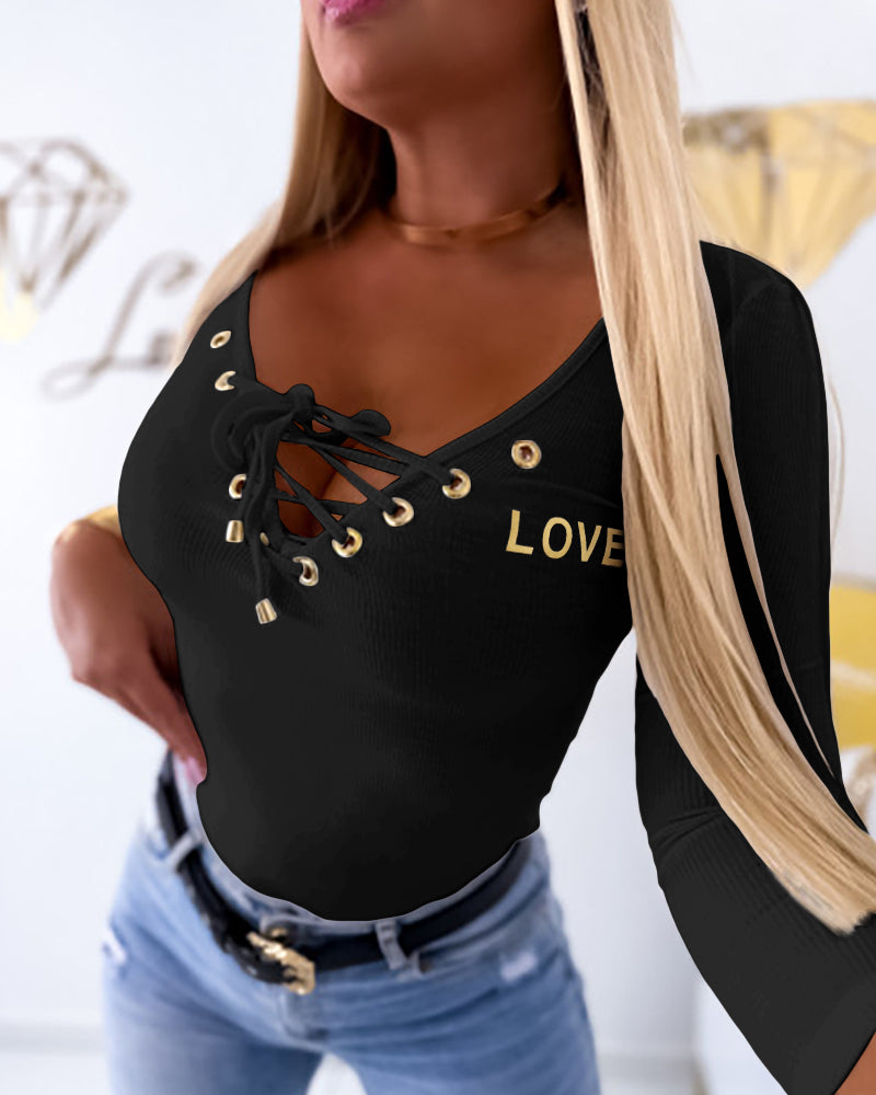 Lace-Up V-Neck Long Sleeve Ribbed Knit Shirt Casual Slim Fit Top